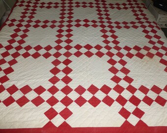 Antique Quilt Circa 1900s Double IRISH CHAIN Primitive Vintage White & Red Densely Lavishly Hand Quilted