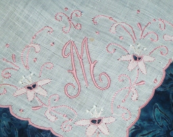 NOS Antique Monogram M Hanky / Vintage Madeira Embroidery / Embroidered Bridal Wedding Handkerchief Hanky Hankie