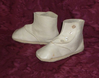 Darling Antique Vintage Baby Shoes-1900s Victorian Edwardian High Button Baby Doll Boots-White Leather -MOP Buttons