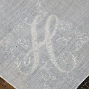 Antique Hanky / Vintage Hanky / Hand Embroidery Monogram "H" Script / Embroidered Bridal Wedding Handkerchief Hanky Hankie