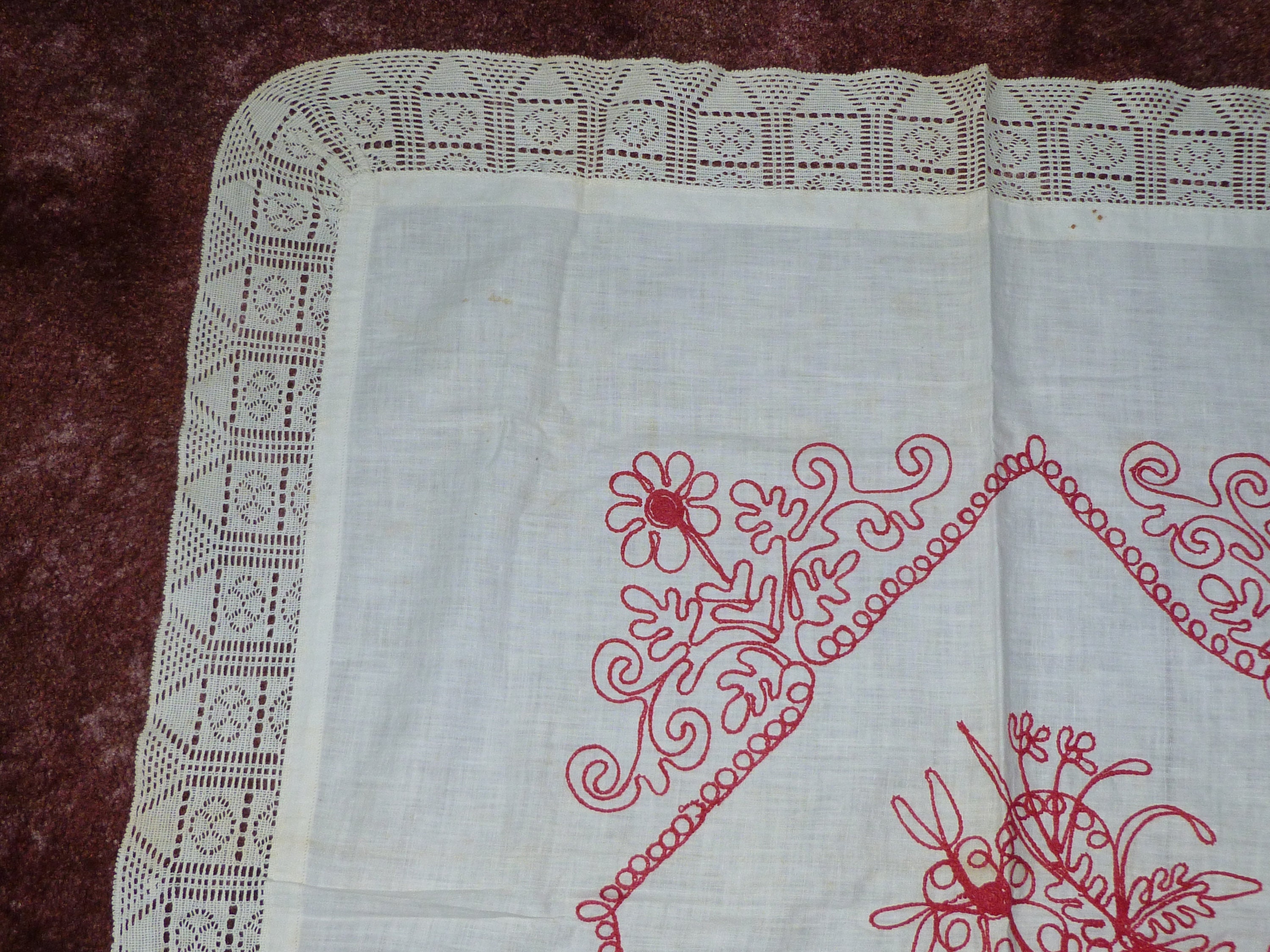 Victorian Layover Pillow Sham Red Work Hand Embroidery Flowers