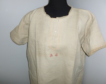 Exceptional Antique French Linen Nightshirt Vintage Victorian Chemise Nightgown-hand woven linen monogram "BL"
