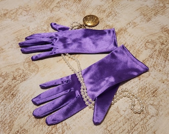 NOS vintage operahandschoenen stretch nylon satijn ongedragen paars
