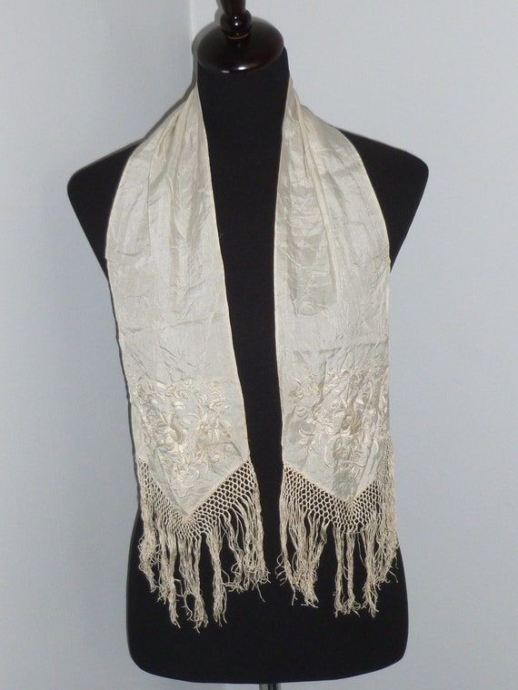 Gorgeous Antique Silk Scarf Delicate Hand Embroide