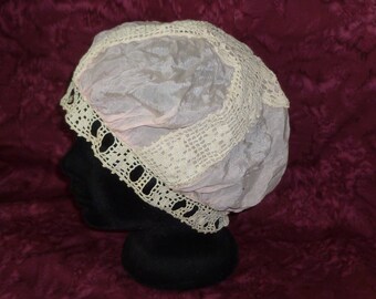 カナエ 1910s~1920s Cotton Nightcap 1920s /1910s White Crochet & Lace Cotton Empire Waist