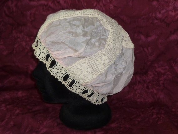 Antique Boudoir Cap Vintage Silk Lace Edwardian Flapper Hat 1910s