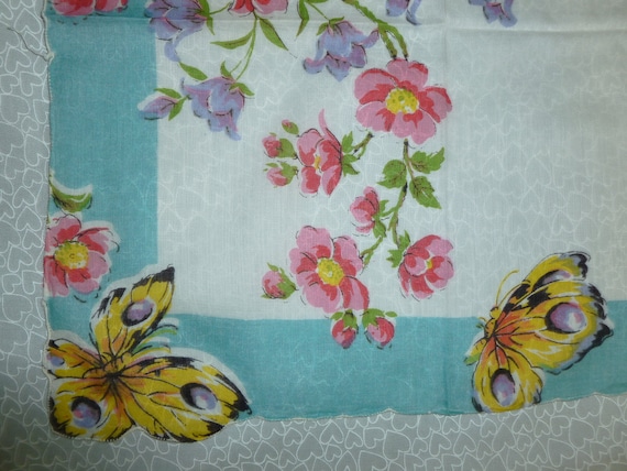 Vintage Mid CENTURY Linen Handkerchief POPPIES-Poppy-Hanky~Unused-1940-1950s