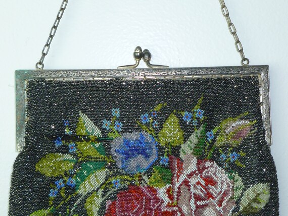 Large Antique Micro Beaded Purse c1912 Rose Flora… - image 5