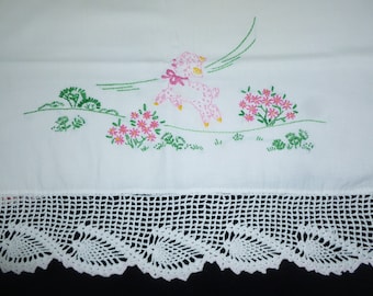 Pair Antique Pillowcases Counting Sheep Vintage Hand Embroidery Embroidered Sheep Lamb with Crochet Lace Standard Pillowcase