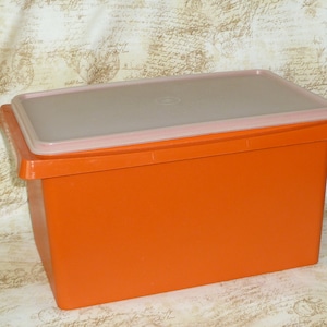 May include: Orange plastic storage container with a light brown lid. The container is rectangular and has a smooth surface.