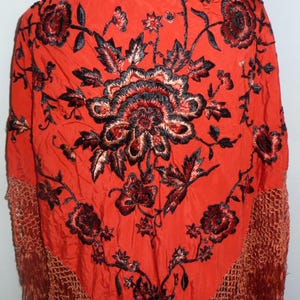 Piano Shawl Antique Vintage Piano Shawl Flapper Canton Red Black Silk/Rayon Embroidered Manton De Manila-Asian Piano Shawl Scarf