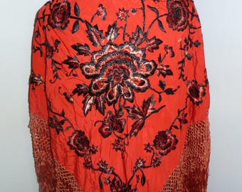 Chal de piano antiguo vintage estilo flapper, de seda/rayón rojo y negro, bordado, estilo mantón de Manila, estilo asiático.