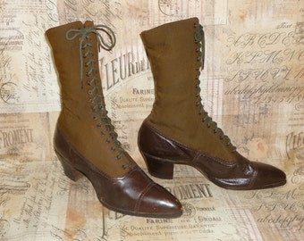 Antique Boots Victorian Edwardian Womans Brown TuTone Leather Wool/Silk High Top Lace Up Shoes Boots /Stage Photo Prop