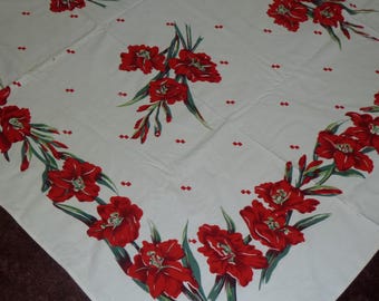 Vintage-Tischdecke aus den 1950er Jahren, Mid-Century-Stil, Gladiolen, Rot, Retro, Gartenparty, Picknick