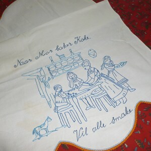 Antique Towel Runner Norwegian Mother Baking Splasher Blue Work Hand Embroidery Norway Homestead