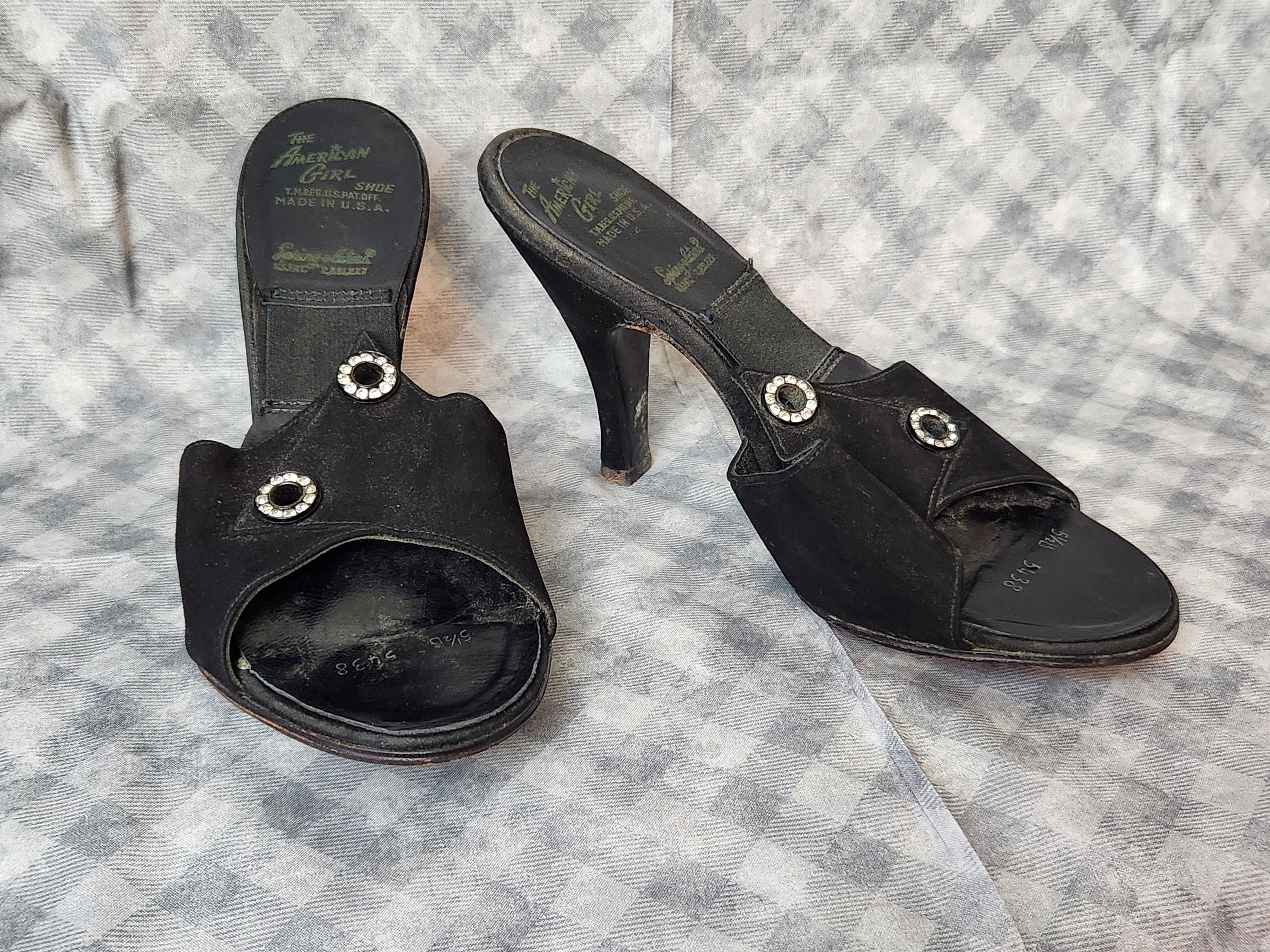 Vintage 1950s SPRING-O-LATOR Shoes Black Suede Rhinestone