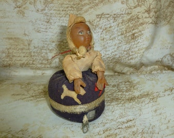 Rare HTF Antique Figural Tape Measure Vintage Doll Figure Pin Cushion Sewing Pin Cushion -Retractable Tape Measure