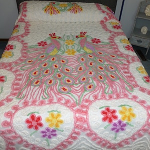 WOW Antique PLUSH Peacock Chenille Bedspread 1940s Vintage Chenille Bedspread 90 x 102"