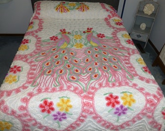 WOW Antique PLUSH Peacock Chenille Bedspread 1940s Vintage Chenille Bedspread 90 x 102&quot;