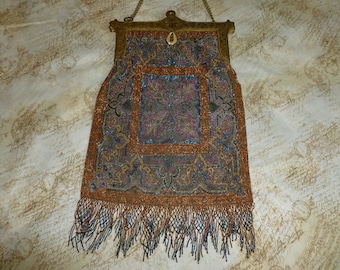 Micro Beaded Purse / ANTIQUE Victorian Shimmery Blue Copper Micro Bead Bag Handbag-Filigree Vintage