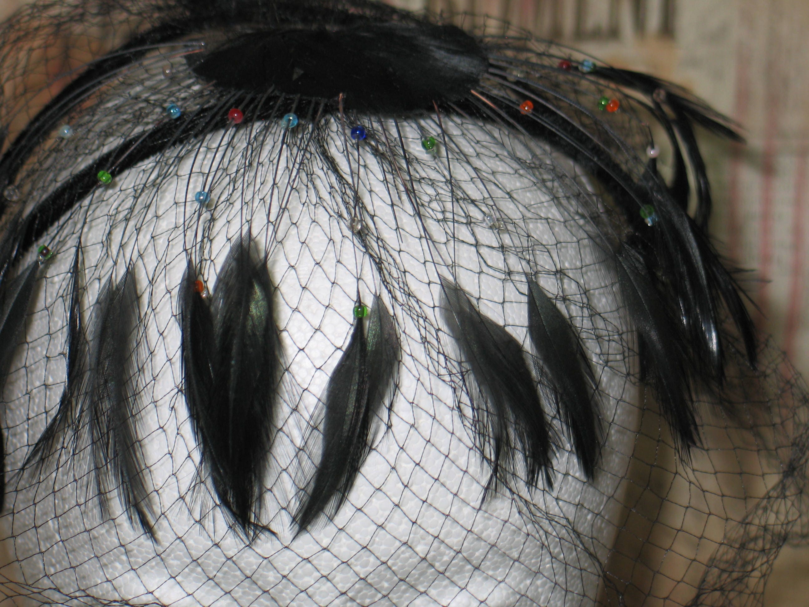 1960s Black Veiled Hat - Sheer Net Cage Veil With Hand 