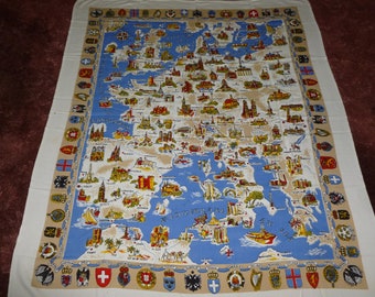 Europa Kaart Tafelkleed Souvenir Antieke Vintage gemaakt in Duitsland 58 x48 Heraldische Crests