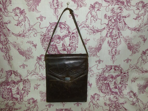 Antique Edwardian Purse Tooled Leather Handbag-Ar… - image 2