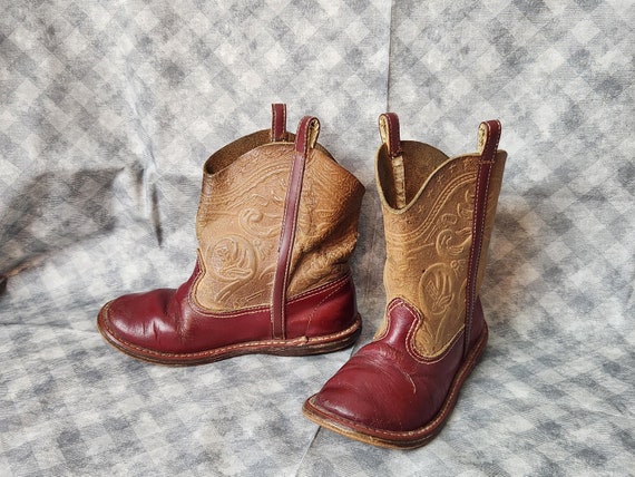 Darling Antique Children s Cowboy Boots Vintage Kids Shoes 1940s 1950s Red Tan Tooled Leather Etsy UK