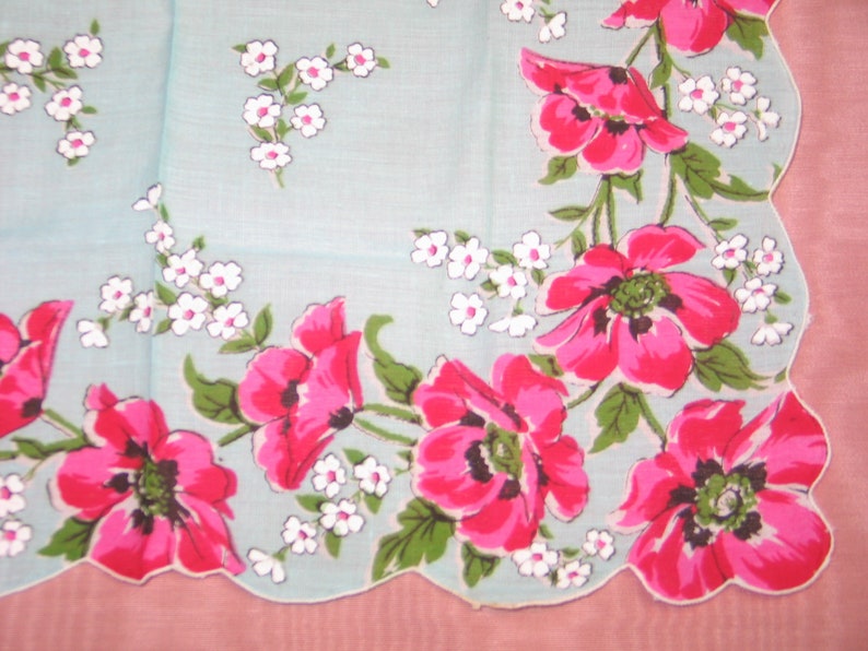 Vintage Mid CENTURY Linen Handkerchief POPPIES-Poppy-Hanky~Unused-1940-1950s