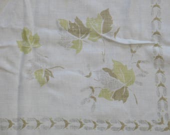 Vintage Tablecloth 1940s 1950s Print Mid Century Golden Green Leaves Retro