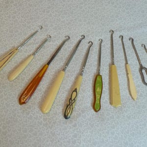 Choice of 1- Edwardian Era Shoe Button Hook Victorian Carved Bone, Mother of Pearl, Celluloid, Steel Vegetable Ivory