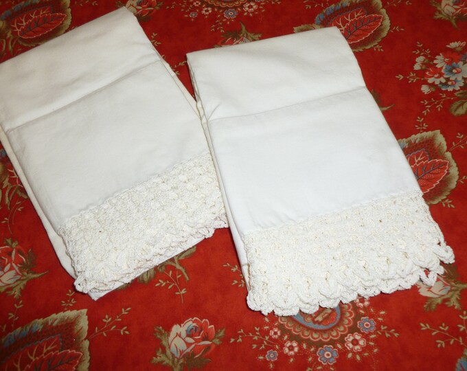 Pair of Antique Lace Pillowcases Vintage Stunning Crochet Lace French