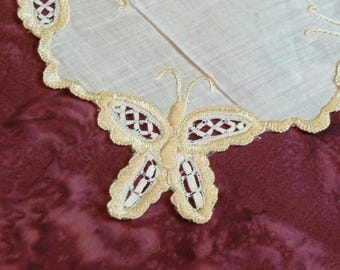 Antique Society Silk Doily Victorian Hand Embroidery Butterfly