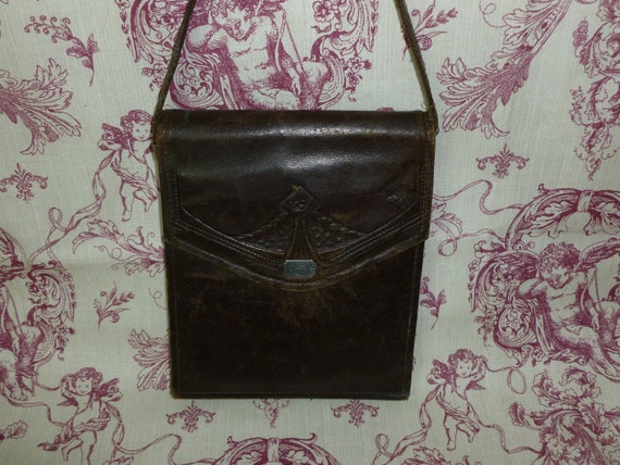 Antique Edwardian Purse Tooled Leather Handbag-Ar… - image 1