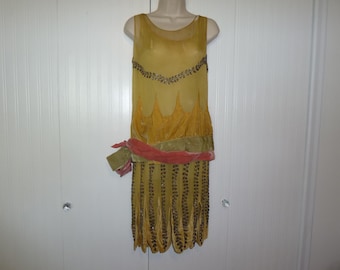Antique Dress Roaring Twenties 1920s Flapper Dress French Petal Skirt Gatsby Silk Chiffon Velvet Mercury Beads