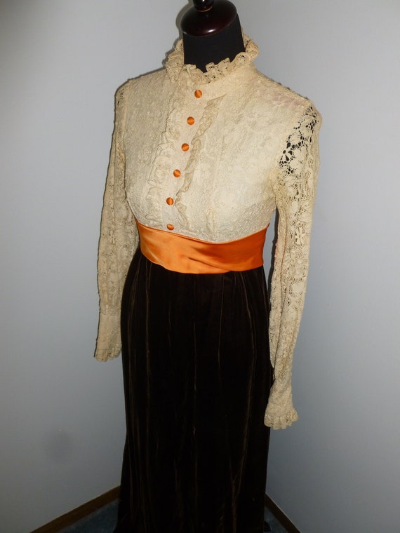 VINTAGE 1970s Dress Bohemian Lace Velvet Hippie D… - image 1
