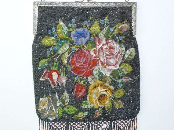 Large Antique Micro Beaded Purse c1912 Rose Flora… - image 8