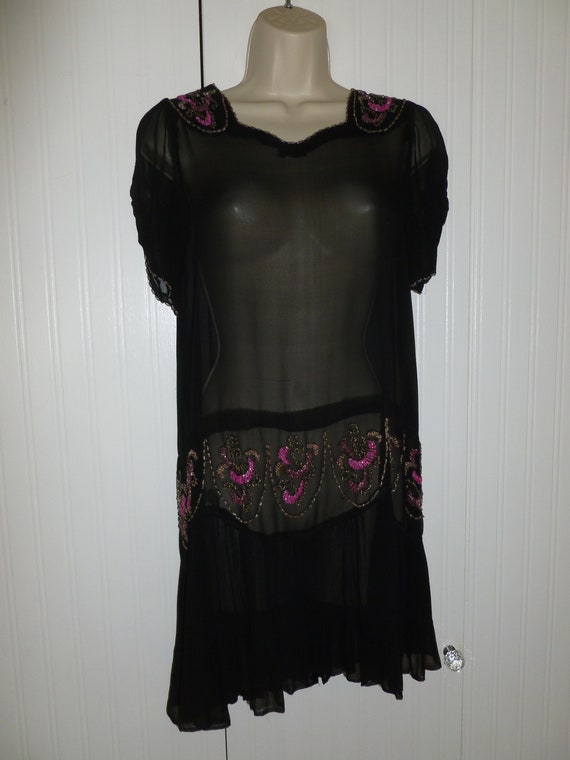 Antique 1920s Flapper Dress French Gatsby Black S… - image 2
