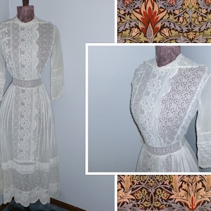 Antique Edwardian Dress 1900s Vintage Lace Embroidery Dress White Cotton Needle Lace Tea Wedding Dress