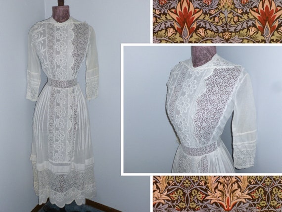 Antique Edwardian Dress 1900s Vintage Lace Embroidery Dress White Cotton Needle Lace Tea Wedding Dress Etsy Canada