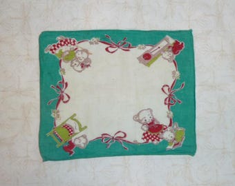 Vintage Childrens Hanky Kids Nursery Rhyme Hankie Handkerchief Puppy Dogs and Bears Mid CENTURY 1940s 1950s~Retro
