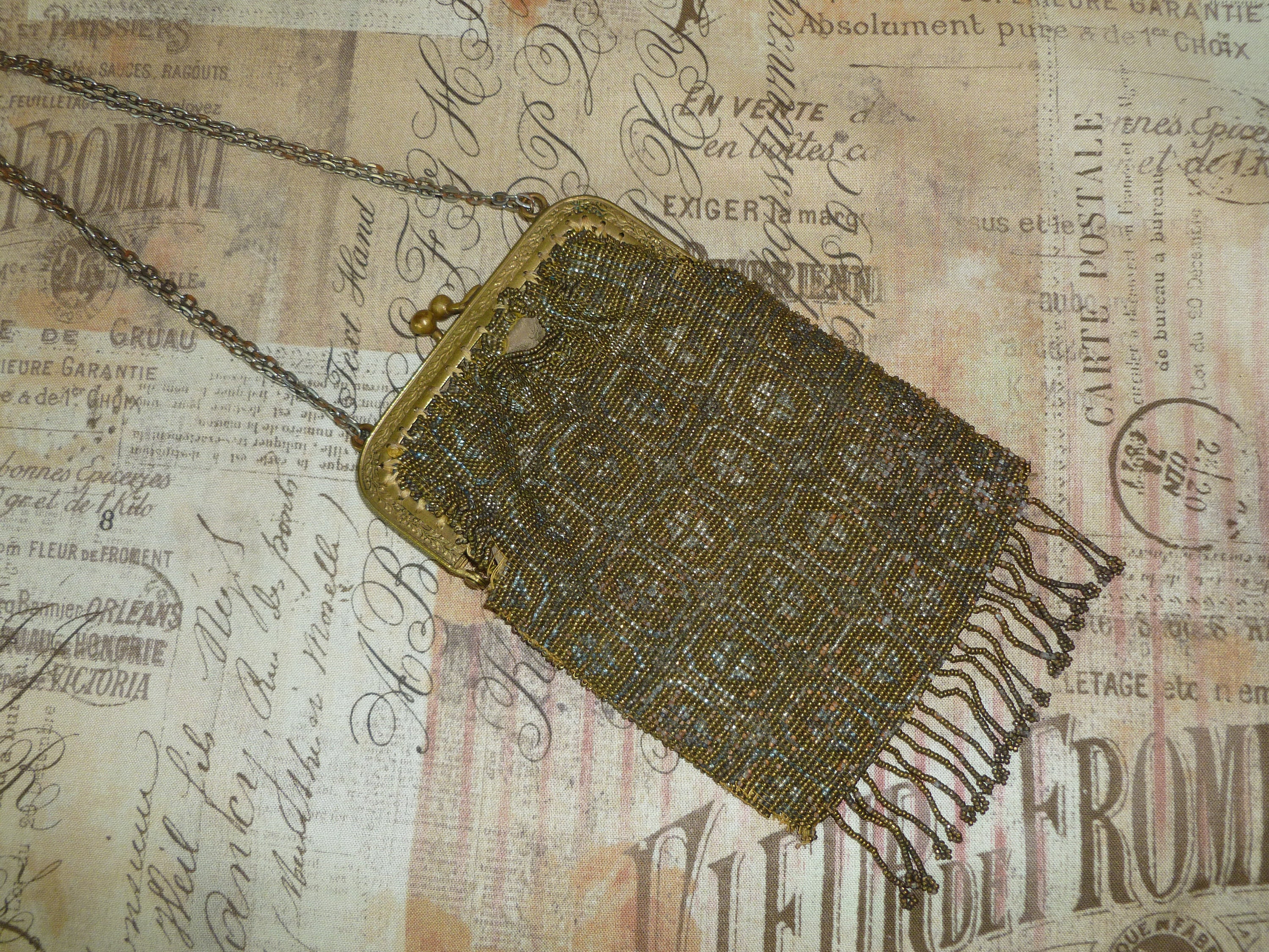 ANTIQUE EARLY 1900s Beaded Bag French Purse Vintage Handbag Gold Silver Glass Beads