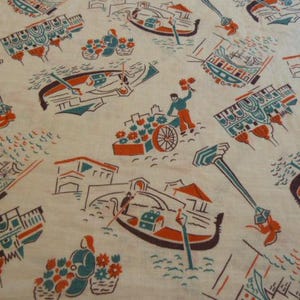 Vintage Neuheit Voll FEEDSACK Stoff Venedig Italien Gondoliere Blumenwagen Baumwolle 1930er 1940er Jahre 42 (44 geöffnet) x 36 "Quilt Sewing Doll