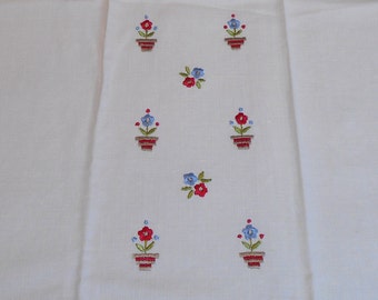 Antique Hand Towel Hand Embroidered Flowerpots Vintage Linen Fingertip Towel Splasher