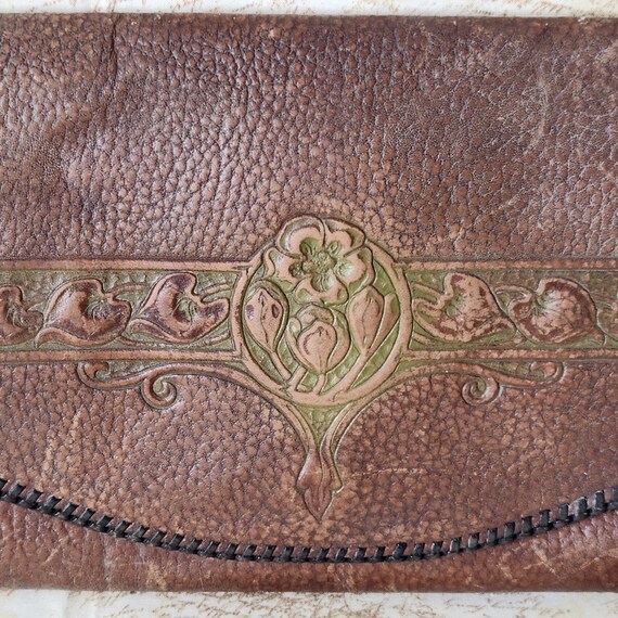 Antique Art Nouveau Envelope Purse Tooled Leather… - image 2