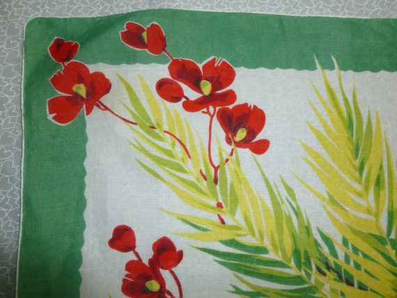 Vintage Mid CENTURY Linen Handkerchief POPPIES-Poppy-Hanky~Unused-1940-1950s