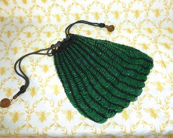 Antique Victorian Bag Beaded Purse 1900s Green Micro Reticule Purse Handbag