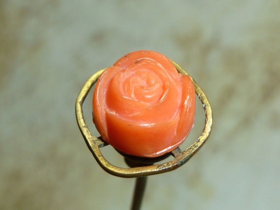 Antique HATPIN ART DECO carved coral 7 1/2 in Long-Antique Vintage Jewelry