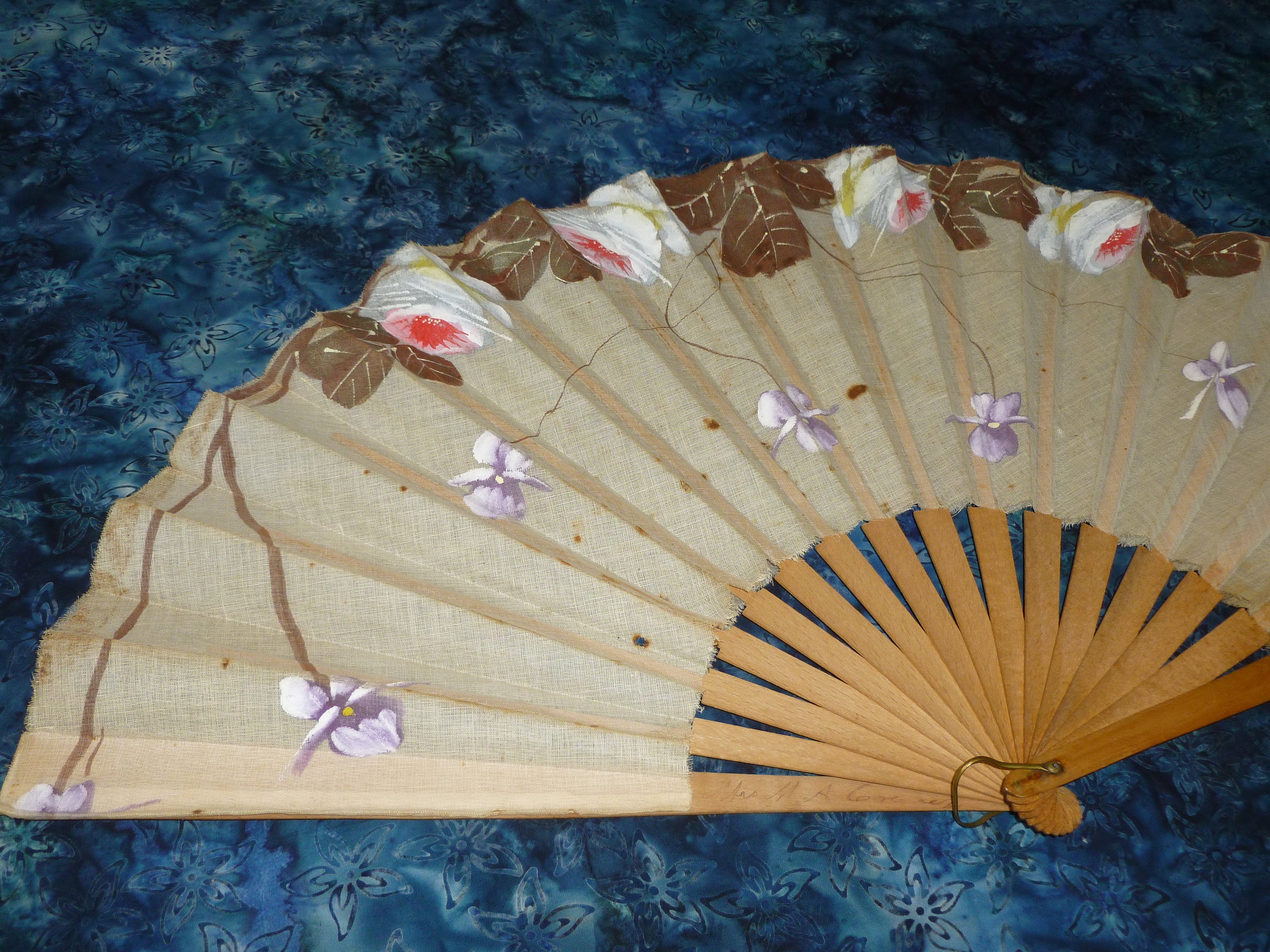 Antique Vintage Hand Painted Fan-cotton Linen- Flowers Folding Fan ...