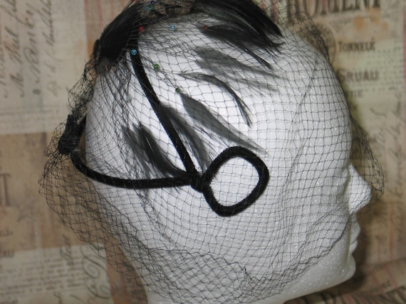 1960s 60s Vintage Black Face Framing All Feather Hat w/ Layered Sheer Netting 1960s Black Veiled Hat - Sheer Net Cage Veil With Hand  main image 3